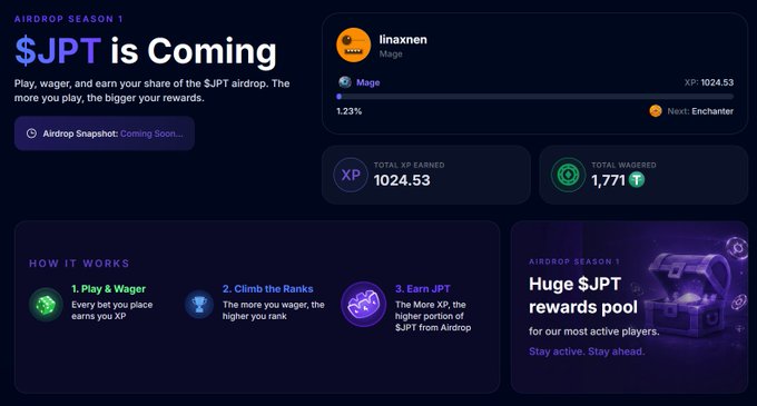 An airdrop announcement page for "$JPT" Season 1 by Mage, showing a user dashboard for "linaxnen" with 1024.53 XP earned and explaining how the "Play & Wager" airdrop works.