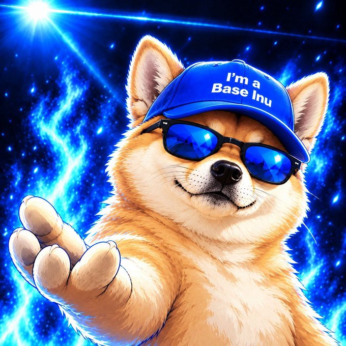 A digital illustration of a smiling Shiba Inu dog wearing blue sunglasses and a blue cap reading 'I'm a Base Inu', set against a cosmic blue background with one paw reaching toward the viewer.