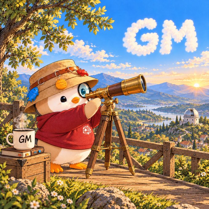 An illustrated scene of a cute penguin wearing a red hoodie and a beige safari hat, looking through a brass telescope, with a 'GM' coffee mug nearby and 'GM' spelled out in clouds in the sky over a picturesque landscape.