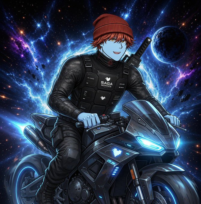 An anime-style illustration of a blue-skinned character with orange hair, a red beanie, and tactical gear labeled "SAGA MONKES" riding a futuristic motorcycle against a cosmic backdrop with planets and nebulae.