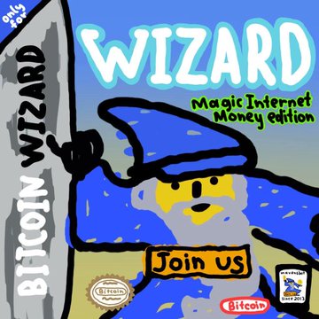 Colorful cartoon-style illustration advertising 'BITCOIN WIZARD: Magic Internet Money Edition' with a character in a wizard hat and a 'Join Us' button.