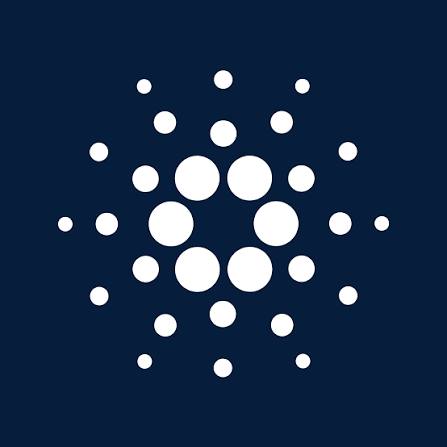 The image shows the Cardano logo, recognizable by its distinctive white circular dot pattern on a dark navy background. It visually represents the Cardano ($ADA) blockchain platform in relation to the launch of Veridian and the tokenization of shares using CIP-0113.