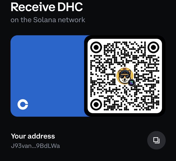 A Solana wallet 'Receive DHC' screen showing a QR code for receiving DHC tokens, with the user's address beginning 'J93van...9BdLWa' displayed below.