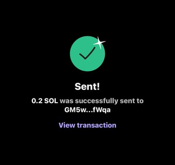 The image shows a black background with a green circle containing a white "SENT!" message, along with an arrow pointing towards the left side of the screen. Below this, there's text that reads "0.2 SOL was successfully sent to GM5W...fqwa". The post appears to be about sending money using Bitcoin or another cryptocurrency, as indicated by the use of the word "drop" in one sentence and "addys" in another.