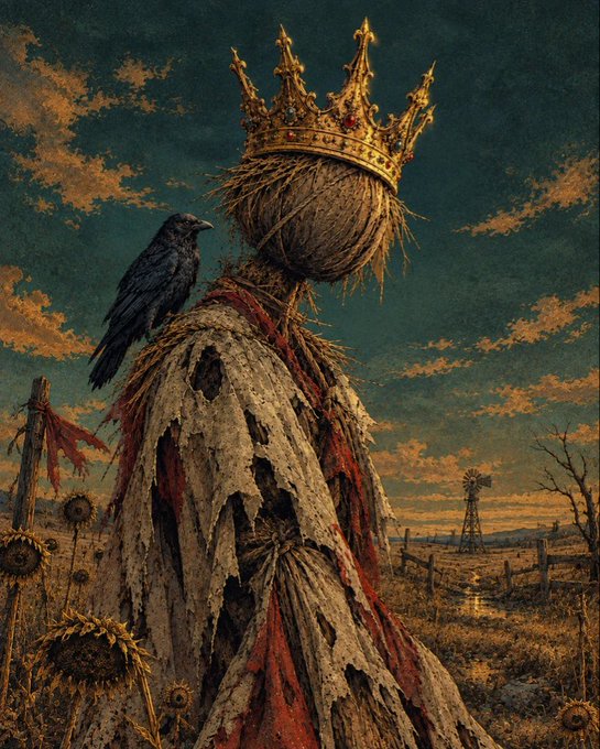 A haunting illustration depicts a crowned scarecrow figure with a black crow perched on its shoulder, set against a dramatic sunset sky in a desolate field with a windmill in the distance.