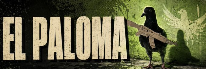 A stylized banner image features the text "EL PALOMA" in bold, weathered lettering alongside a pigeon holding an assault rifle against a grungy green background. The image serves as a striking visual identity for the Solana token $Paloma, fitting its edgy, weapon-wielding pigeon mascot theme as shared by a Moby community member.