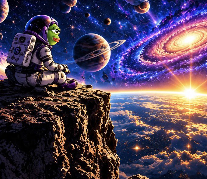 A vibrant digital illustration of an astronaut with a Kermit the Frog face sitting on a rocky cliff overlooking a colorful cosmic landscape with planets, a galaxy, and a bright sunrise.