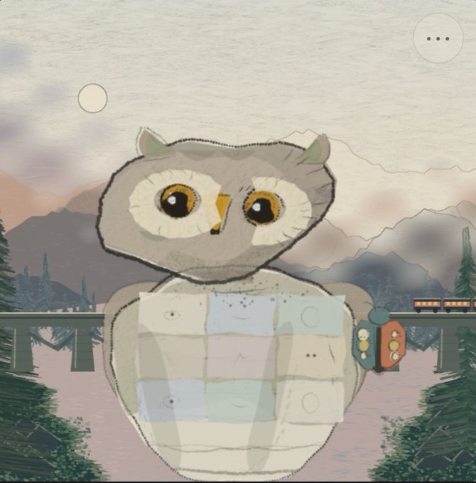 An illustration of a cartoon gray owl with large yellow eyes wearing a patchwork quilt sweater, standing in front of a mountain landscape with a train and bridge.
