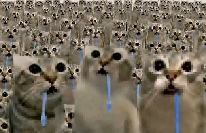 A surreal, pixelated image displays rows of Siamese cats with wide, staring eyes and their tongues hanging out, creating a repeating, glitchy pattern.