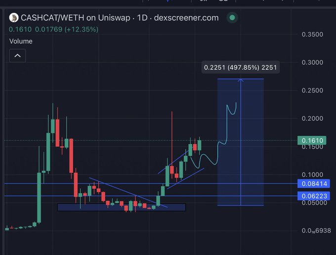The image is a candlestick chart of CASHCAT/WETH on Uniswap showing a recent surge to 0.2251 (497.85%), currently at 0.1610 (+12.35%), illustrating the post's claim that $CASHCAT is "pumpin" with a breakout from the highlighted accumulation zone pointing toward new price discovery.