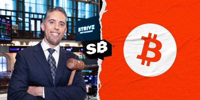A composite image showing a smiling man in a suit holding a gavel on the left next to an 'SB' logo, and a large Bitcoin symbol on an orange torn-paper background on the right.