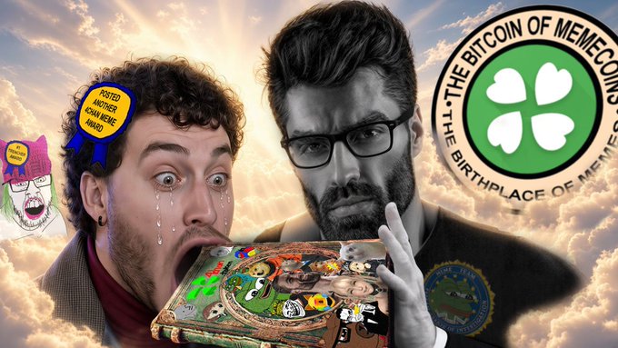 Digital collage showing two men (one crying with a 'POSTED ANOTHER SCAM MEME MAID' badge), holding a collage-covered laptop, alongside a green logo reading 'THE BITCOIN OF MEMECOINS - THE BIRTHPLACE OF MEME COINS'.