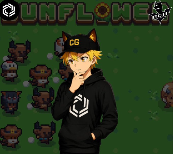Anime-style character wearing a black 'CG' cap and UNFLOWER hoodie over a green pixel-art background featuring Bitcoin Cash (BCH) logos and pixelated characters.