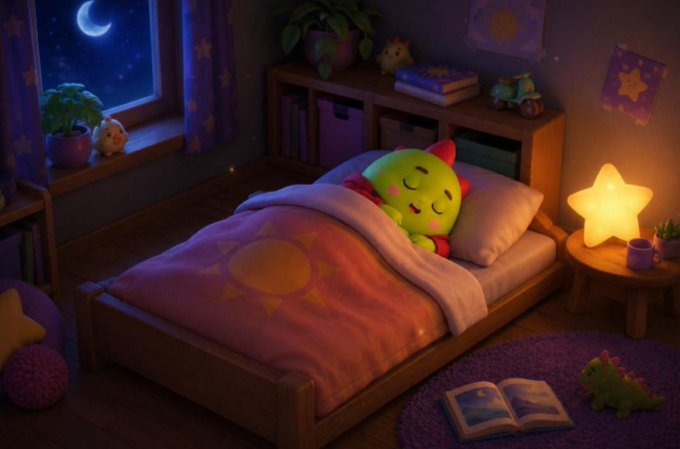 A cute green cartoon creature sleeps peacefully in a bed with a sun-patterned blanket in a cozy, dimly lit bedroom at night, surrounded by children's toys and an open book.