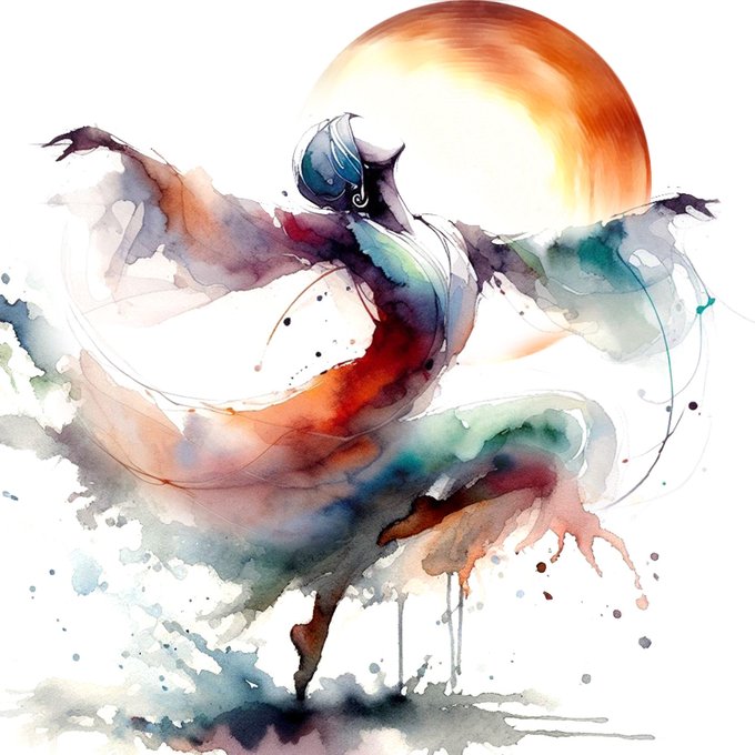 A vibrant watercolor painting depicts a stylized figure dancing or leaping with flowing, multicolored fabrics against a bright orange circular sun.