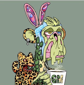 A cartoon illustration features a zombie-like character with pink bunny ears and a leopard holding a mug labeled "GM," visually representing the Bored Ape Yacht Club (BoredApeYC) associated with the post about climbing the Empire State Building after buying NFTs, attending ApeFest, and purchasing merch.