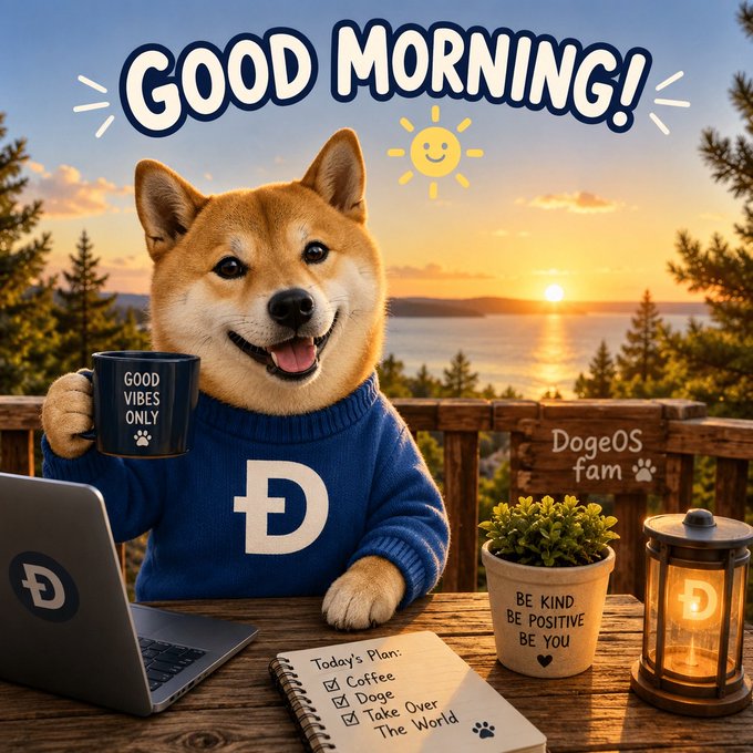 An AI-generated greeting image featuring a Shiba Inu dog wearing a blue Dogecoin sweater holding a 'GOOD VIBES ONLY' mug, with 'GOOD MORNING!' text and a to-do list including 'Coffee, Doge, Take Over The World'.