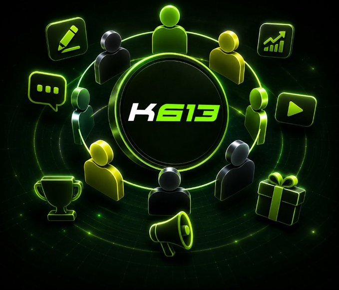 The image features a glowing green circular network illustration surrounding a central "K613" logo, with stylized user figures connected around it and icons representing key DeFi concepts—chat, content creation, growth analytics, video, rewards/gifts, a trophy, and a megaphone. This visual reinforces the post's theme of community-driven, ecosystem-enabled decentralized lending, with the surrounding icons symbolizing the communication, growth, and rewards that K613's Aave v3-backed platform on Monad aims to deliver.