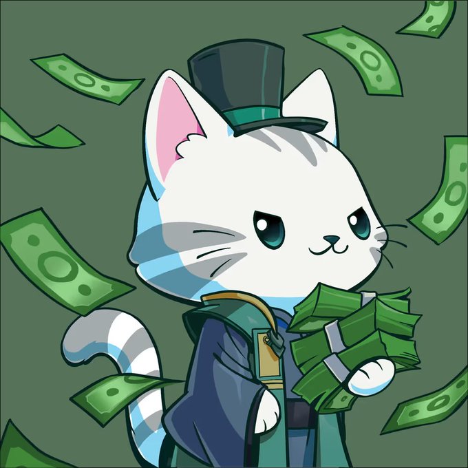A cartoon illustration features a white cat wearing a black top hat and a teal coat, holding a large stack of green cash with more bills flying around in the background.