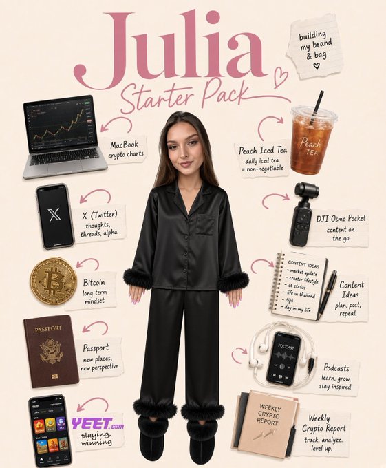 A 'Julia Starter Pack' infographic featuring a young woman in black silk pajamas surrounded by items representing her interests, including a MacBook with crypto charts, X (Twitter), Bitcoin, a passport, YEET.com, Peach Iced Tea, DJI Osmo Pocket, content ideas notebook, podcasts, and a Weekly Crypto Report.