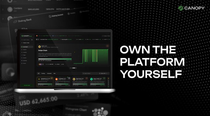 A promotional image for the Canopy platform showing a laptop displaying its interface, with the tagline 'OWN THE PLATFORM YOURSELF' and a balance of USD 62,665.00.