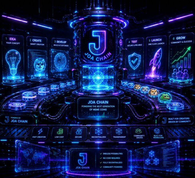 A futuristic neon dashboard for 'JOA CHAIN' showing a 6-step process (Idea, Create, Develop, Test, Launch, Grow) for powering the next generation of meme coins, highlighting features like fast creation, low cost, security, and decentralization.