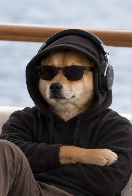 A dog wearing a black hoodie, sunglasses, and headphones sits with arms crossed, exuding a cool and confident vibe. This relaxed yet unbothered demeanor perfectly complements the post's confident message about $STONK's continued momentum and dismissing doubts about the music stopping.