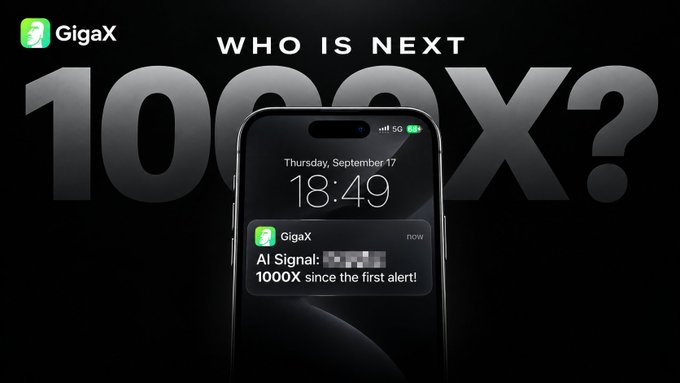 A promotional image for GigaX displaying "WHO IS NEXT 1000X?" alongside an iPhone lock screen notification reading "GigaX - AI Signal: [blurred] 1000X since the first alert!" at 18:49 on Thursday, September 17, visually emphasizing the app's alert notification system that the caption describes as a FOMO-driven trading tool similar to other social shilling apps.