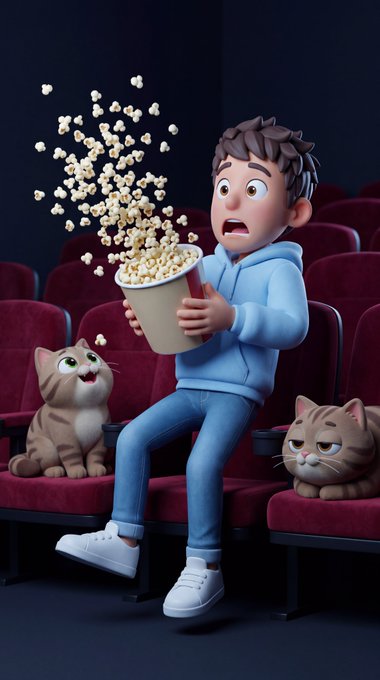 A 3D animated scene of a startled young man in a blue hoodie spilling popcorn in a movie theater, flanked by two cats sitting in red seats.