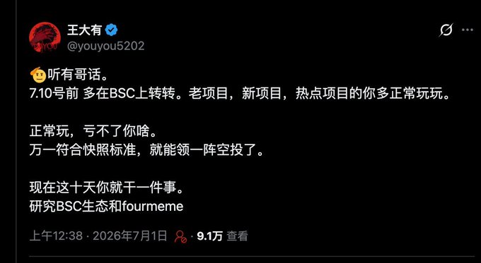 Chinese Twitter/X post from user 王大狗 (@youyou5202) advising followers to study BSC ecosystem and four.meme, with 9.1万 views, posted July 1, 2026.