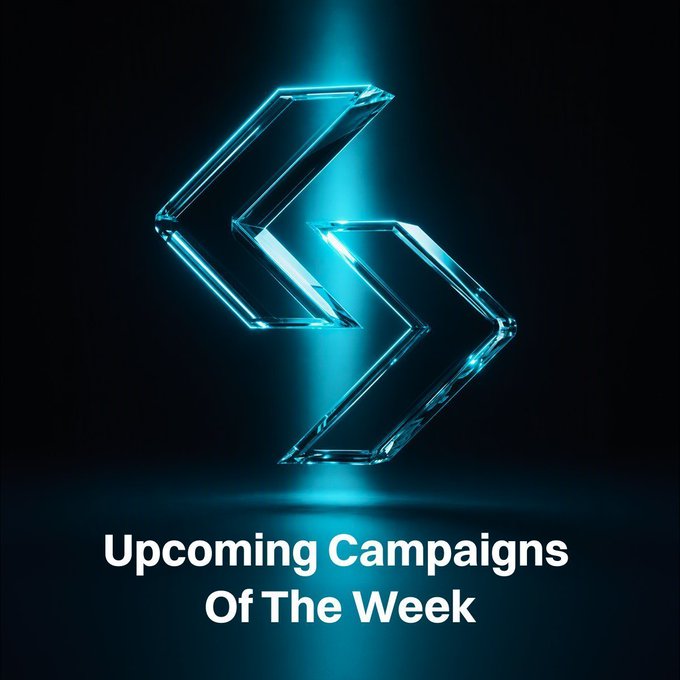 A glowing blue geometric logo floats above the text "Upcoming Campaigns Of The Week," visually reinforcing the Bitget post's promise of highlighting the newest campaigns and rewards updates.