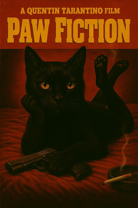 A parody movie poster titled 'PAW FICTION' styled as 'A QUENTIN TARANTINO FILM', depicting a black cat lying on a red bed next to a gun and an ashtray.