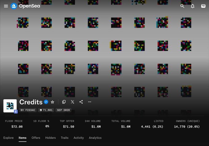 An OpenSea NFT collection page for 'Credits' by F2334C, showing a floor price of $72.00 and total volume of $1.6M.