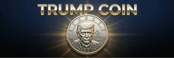 The image shows a banner for "$TrumpCoin" (displayed as "TRUMP COIN" in gold lettering) featuring a gold coin design depicting Donald J. Trump with "LIBERTY" inscribed around it, set against a dark background with radiant light effects. The banner serves as the official header image for the $TrumpCoin community on Moby, establishing a premium, coin-themed brand identity for the meme coin.
