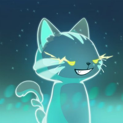 The image features a cartoon cat wearing neon yellow eyes and grinning at the camera, surrounded by blue and green hues that resemble stars or stardust. In the background behind the cat's head, there are two stars visible. The caption of the image suggests that viewers who engage with this post can expect to receive $20 as a giveaway in return for following the artist @axynweb3.