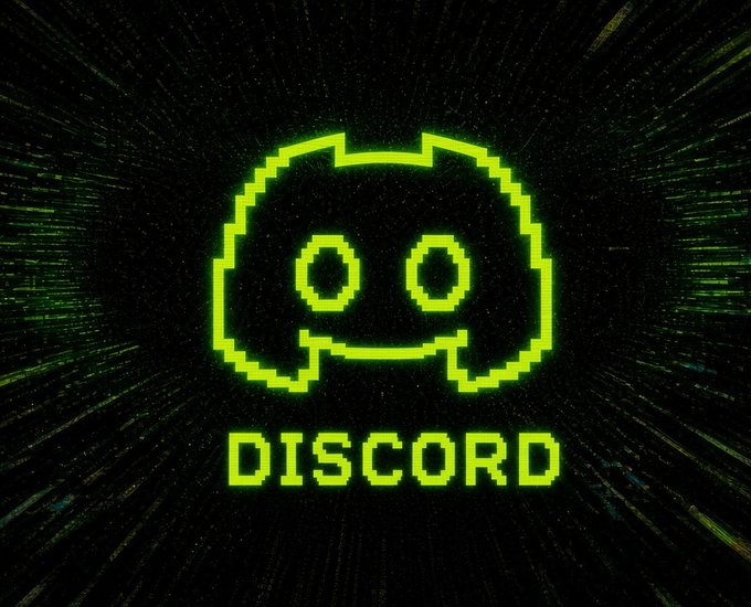 A glowing green pixel-art Discord logo (the iconic gamepad-shaped face) is centered on a dark, star-burst background, with the word "DISCORD" displayed in matching green pixel-style text below it. The image visually reinforces the post's invitation to join the project's Discord community for NFT holder roles, collaboration opportunities, and raffles.