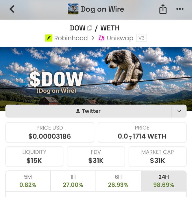 A screenshot of the Dog on Wire ($DOW) token page on a DEX tracker, showing a price of $0.00003186 and a market cap of $31K, with a 24-hour gain of 98.69%—visually confirming the post's claim that the poster is accumulating more $DOW at the ~30K mcap level before bed.