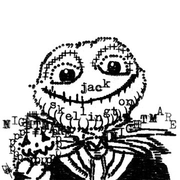A black and white text art image of Jack Skellington's face formed from various letters and words including "jack", "skellington", and "halloween".
