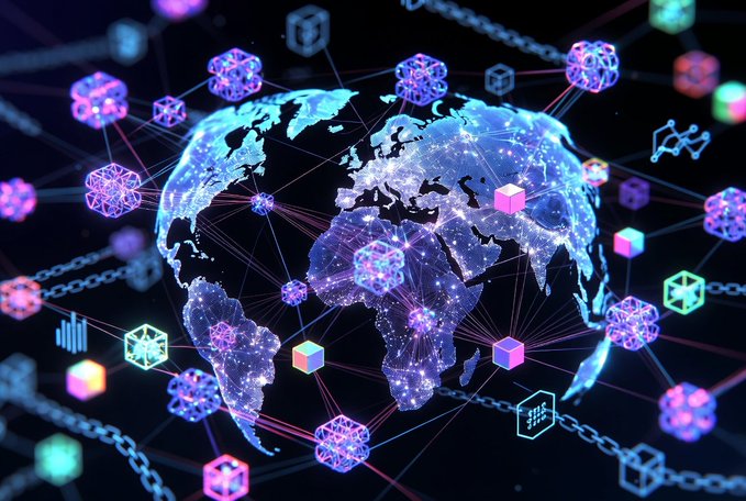 The image features a large, colorful cube-like structure with blue and purple colors surrounding it. The cubes are connected by chains, creating an intricate network that resembles the interconnectedness of the internet or social media platforms. The image also contains text elements such as "Nucleus Reputation" and "@quipnetwork WL", which may be related to the content being discussed in the post.