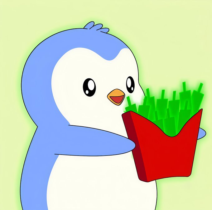 A simple cartoon illustration shows a blue and white penguin holding a red carton overflowing with green french fries. The character is set against a solid light green background.