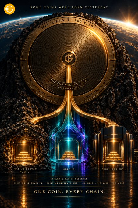 Promotional graphic for a cryptocurrency project showing a large golden coin with the inscription 'MAY 14, 2013' and 'THE CHAIN IS THE LOCK', split into three chains labeled 'NATIVE SCRIPT POW LI', 'SOLANA', and 'ROBINHOOD CHAIN'.