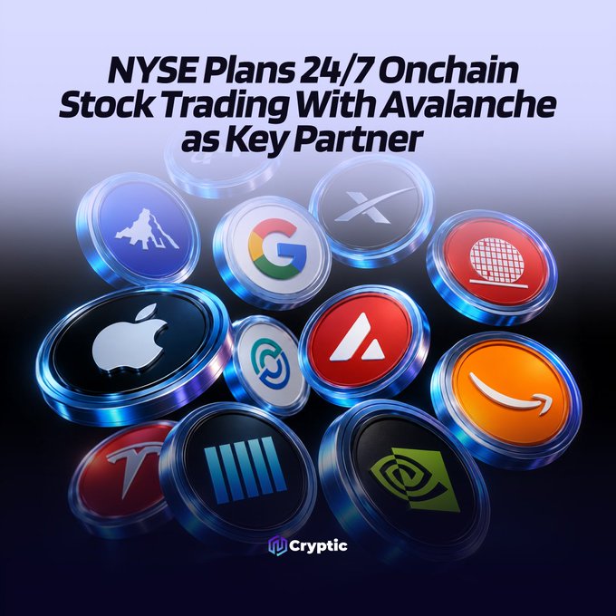 A promotional graphic from Cryptic announces "NYSE Plans 24/7 Onchain Stock Trading With Avalanche as Key Partner," featuring glossy 3D-rendered tokens displaying the logos of major companies including Apple, Google, Tesla, Amazon, and NVIDIA. The image visually represents the concept of tokenized stock trading, with each company's branded coin symbolizing its potential on-chain representation on the planned NYSE platform powered by Avalanche (AVAX) infrastructure.