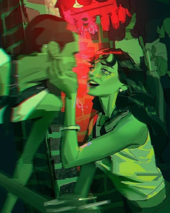 The image features a woman with long hair wearing a white shirt, standing next to a man who has his arm around her head. The scene appears to be set in an indoor space, possibly a club or a bar, as there are other people present but not directly visible. The background of the image is blurred and greenish-red, giving it a dreamy atmosphere. The post includes text that reads "GN FRENS WE GO AGAIN TOMORROW SUPER BULLISH ON @XOOBNetwork & @River4fun".