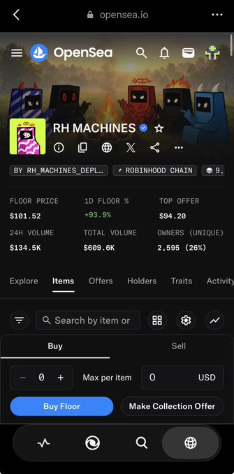 A screenshot of the OpenSea website showing the 'RH MACHINES' NFT collection with stats including a floor price of $101.52, 24H volume of $134.5K, and a +93.9% 1D floor change.