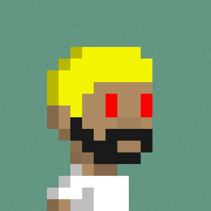 A pixel art portrait of a man with blonde hair, a black beard, glowing red eyes, and a white shirt against a teal background.