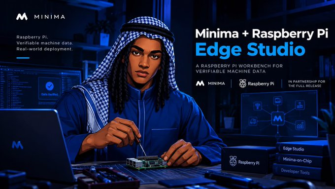 A promotional banner for Minima + Raspberry Pi Edge Studio, featuring an illustrated character working with Raspberry Pi hardware in partnership with Minima.