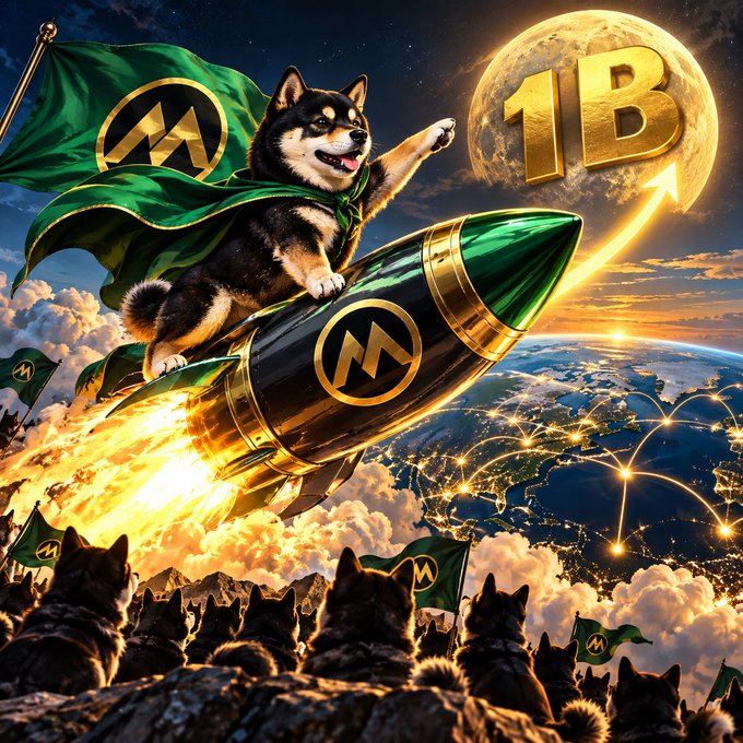 A digital illustration of a Shiba Inu dog wearing a green cape, riding a green and gold rocket toward a large moon displaying '1B', with a crowd of other Shiba Inus cheering below holding flags with a stylized 'M' logo.