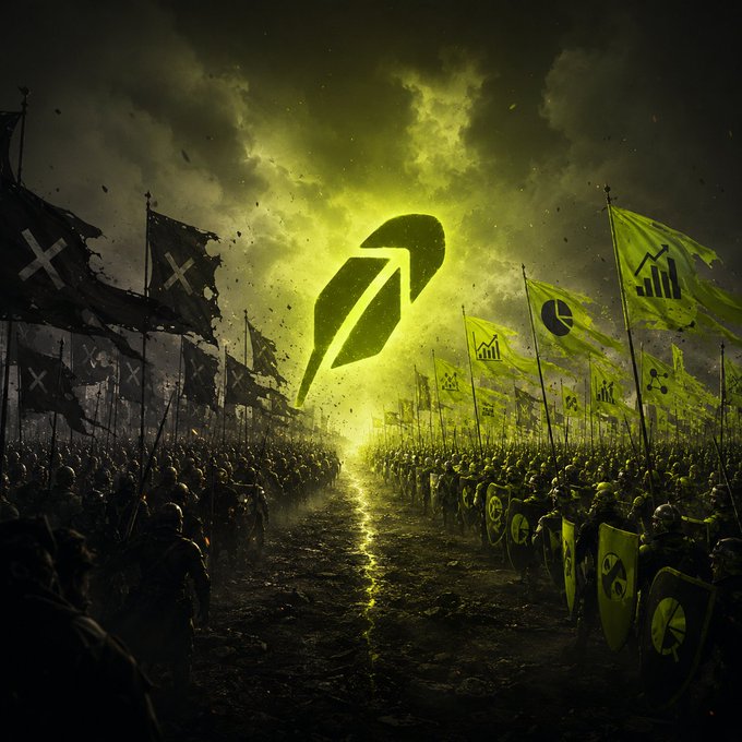 A dramatic fantasy battle scene features two massive armies facing each other on either side of a glowing yellow-green rift, with a large stylized arrow symbol floating in the ominous sky above.