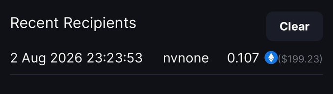 A "Recent Recipients" panel showing a 0.107 ETH (~$199.23) tip sent to user "nvnone" on 2 Aug 2026 at 23:23:53, indicating the congratulatory message was a tip to a user being thanked for their prediction on Nvidia (NV).
