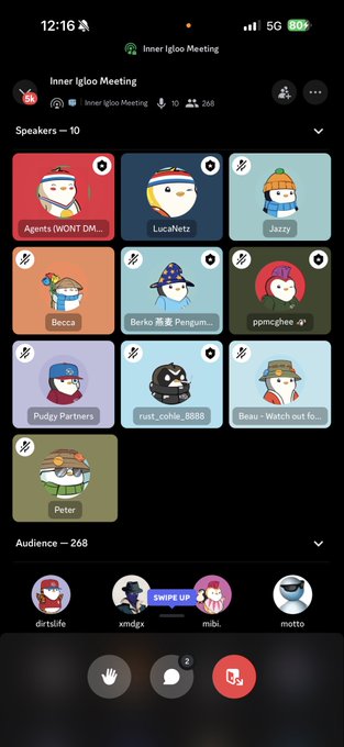 A mobile screenshot of an 'Inner Igloo Meeting' app interface showing a grid of penguin avatar speakers (including names like LucaNetz, Jazzy, Berko, Pudgy Partners) and an audience count of 268.